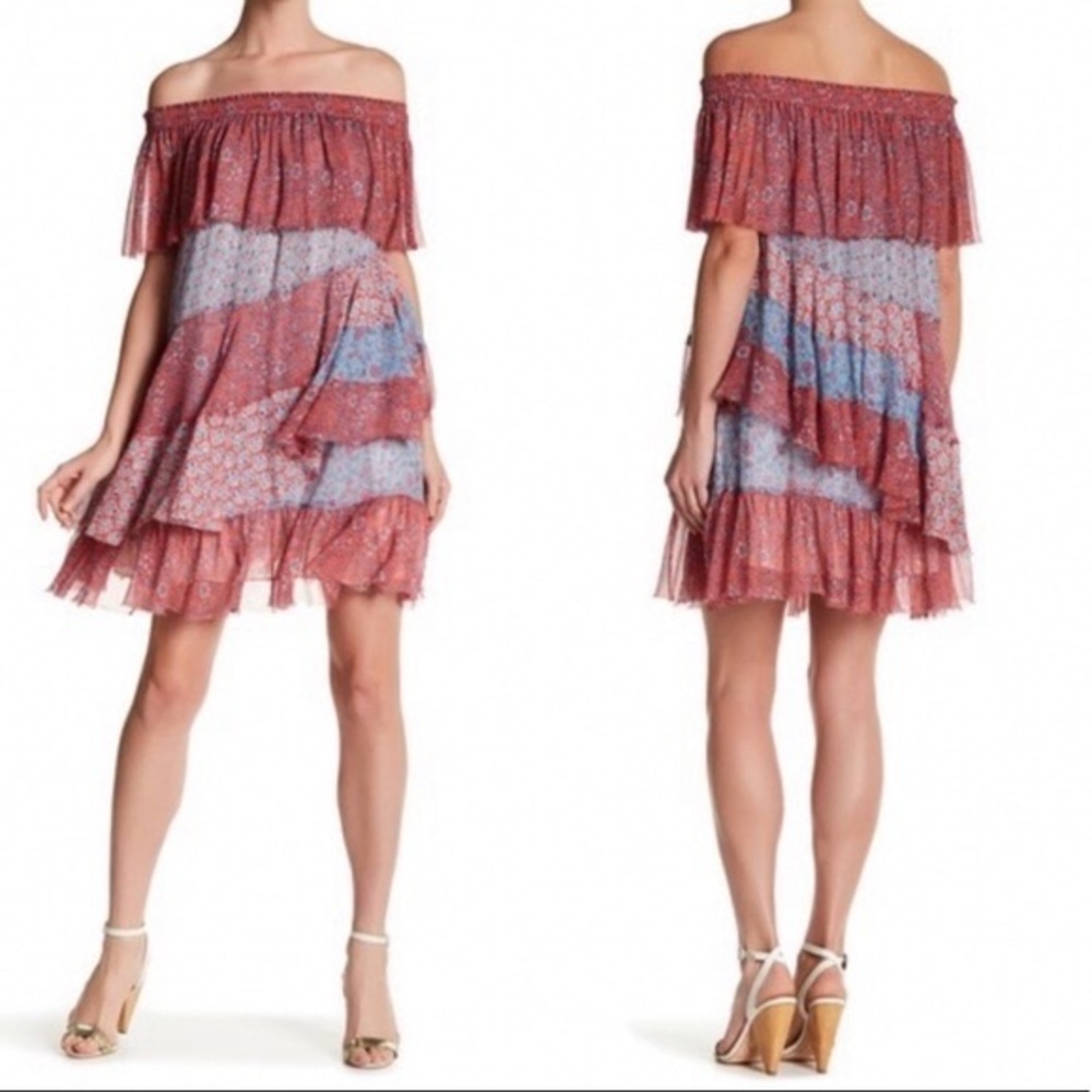 NWT Rebecca Taylor Off Shoulder Red Patchwork Amanda Dress